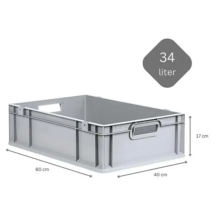 Proregal Euroboxen-Set 10x Eurobox NextGen Economy mit Scharnierdeckel und schwarzen Verschlüssen - L x B x H: 60 x 40 x 17 cm, Kunststoff, Grau, 10 Stk. - Graue Kunststoffbox mit den Maßen 60 x 40 x 17 cm und einem Fassungsvermögen von 34 Litern.