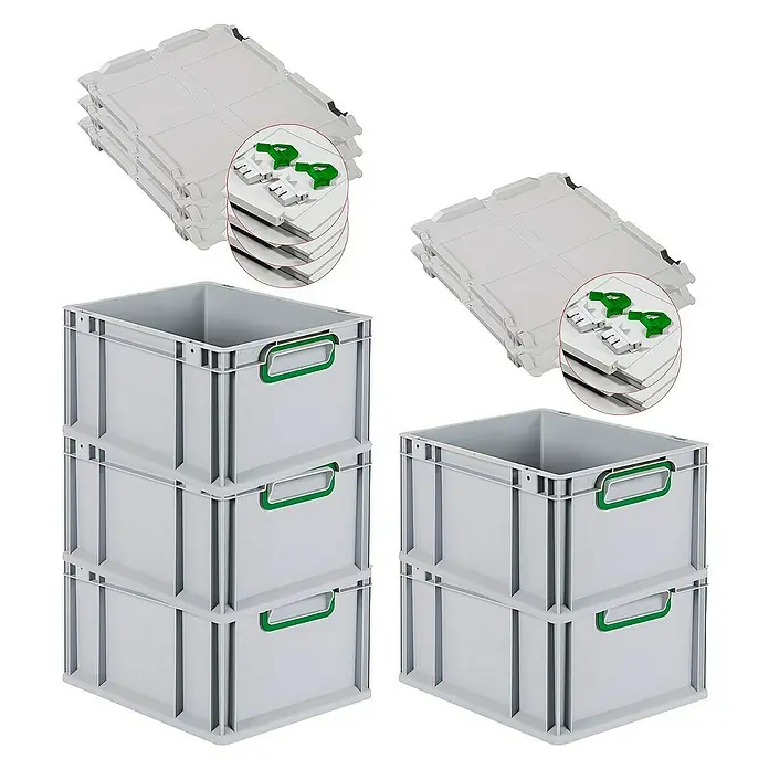 Proregal Euroboxen-Set 5x Eurobox NextGen Color mit Scharnierdeckel und Verschlüssen - L x B x H: 40 x 30 x 22 cm, Kunststoff, Grau, Grün, 5 Stk. - Gestapelte graue Eurobehälter mit grünen Griffen und dazugehörigen Deckeln. Praktische Aufbewahrungslösung für Industrie und Gewerbe.