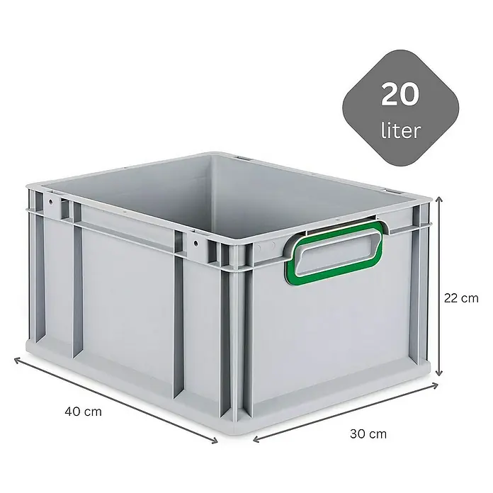 Proregal Euroboxen-Set 5x Eurobox NextGen Color mit Scharnierdeckel und Verschlüssen - L x B x H: 40 x 30 x 22 cm, Kunststoff, Grau, Grün, 5 Stk. - Abgebildet ist eine graue 20-Liter-Eurobox aus Kunststoff mit grünen Griffen. Die Maße sind 40 x 30 x 22 cm, ideal für Lagerung und Transport.