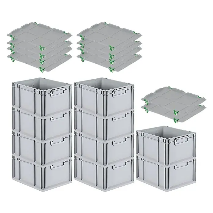 Proregal Euroboxen-Set 10x Eurobox NextGen Grip mit Auflagedeckel inkl. 4 grünen Verschlüssen - L x B x H: 40 x 30 x 22 cm, Kunststoff, Grau, 10 Stk. - Graue Stapelboxen mit Deckel. Die Boxen sind stabil und perfekt für Lagerung und Transport.