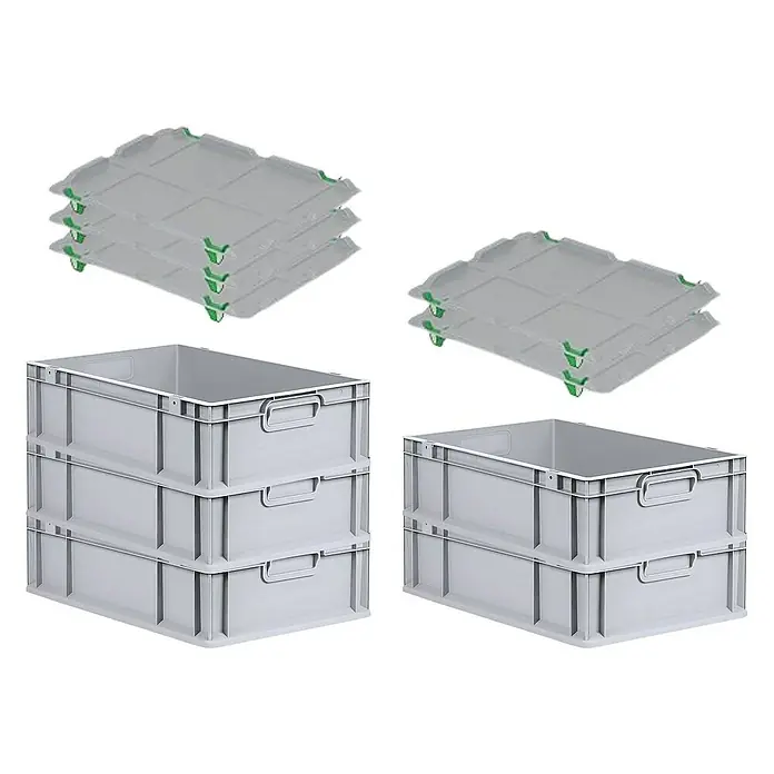 Proregal Euroboxen-Set 5x Eurobox NextGen Economy mit Auflagedeckel und 4x Verschlüsse Grün - L x B x H: 60 x 40 x 17 cm, Kunststoff, Grau, 5 Stk. - Stapelbare graue Kunststoffbehälter und passende Deckel im Set. Ideal für Lagerung und Transport, robust und platzsparend.