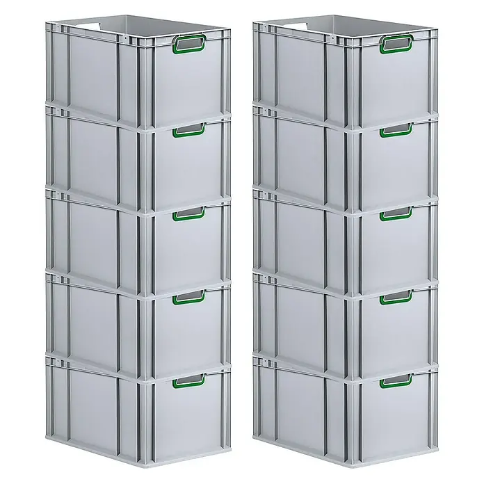Proregal Euroboxen-Set 10x Eurobox NextGen Color - Kunststoff, Grau, Grün, 10 Stk. - Zwei Stapel grauer Kunststoffbehälter mit grünen Griffen, die eine praktische und ordentliche Aufbewahrungslösung bieten.