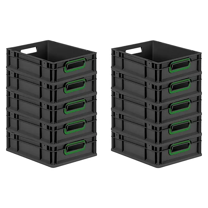 Proregal Euroboxen-Set 10x Eurobox NextGen Color - L x B x H: 40 x 30 x 12 cm, Kunststoff, Schwarz, Grün, 10 Stk. - Zwei Stapel grauer Kunststoffkisten mit grünen Griffen. Ideal für Lagerung und Transport.