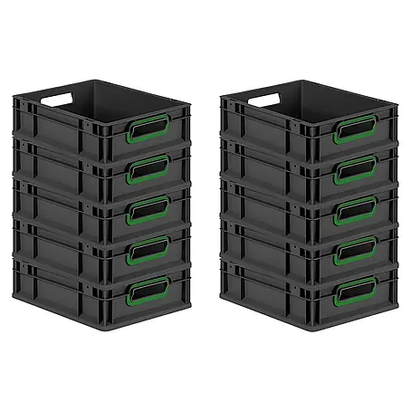 SparSet 10x Eurobox NextGen Color | HxBxT 12x30x40cm | 11 Liter | Griffe grün offen | Schwarz | Eurobehälter, Transportbox, Transportbehälter, Stapelbehälter