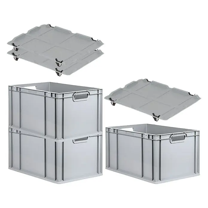 Proregal Euroboxen-Set 3x Eurobox NextGen Economy mit Auflagedeckel und 4x Verschlüsse Schwarz - Kunststoff, Grau, 3 Stk. - Stapelboxen und Transportroller. Die stabilen, grauen Boxen sind ideal für Lagerung und Transport. Praktische Helfer im Alltag!