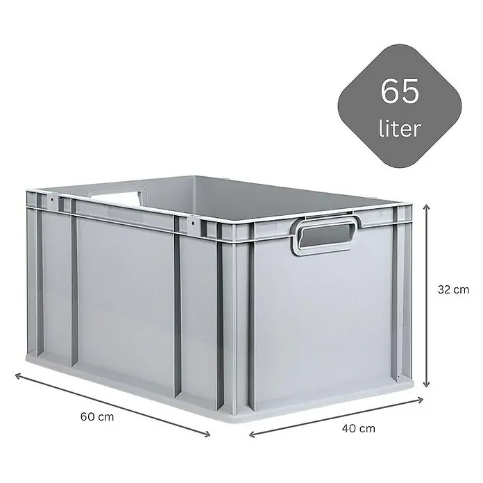 Proregal Euroboxen-Set 3x Eurobox NextGen Economy mit Auflagedeckel und 4x Verschlüsse Schwarz - Kunststoff, Grau, 3 Stk. - Graue 65 Liter Lagerbox aus Kunststoff mit Griffen und den Maßen 60x40x32 cm.