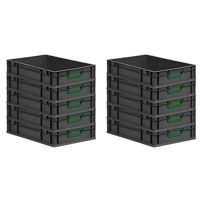 Proregal Euroboxen-Set 10x Eurobox NextGen Color - Kunststoff, Schwarz, Grün, 10 Stk. - Zwei Stapel grauer Kunststoffbehälter mit grünen Griffen. Ideal für Lagerung und Transport.