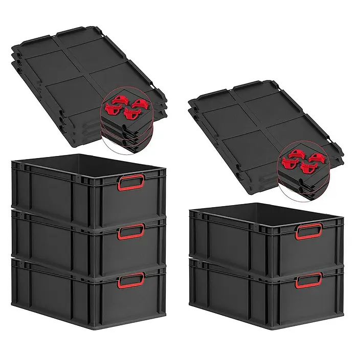 Proregal Euroboxen-Set 5x Eurobox NextGen Color mit Auflagedeckel und Schiebeschnappverschlüsse - L x B x H: 60 x 40 x 22 cm, Kunststoff, Schwarz, Rot, 5 Stk. - Das Bild zeigt eine Stapelbox und dazugehörige Deckel mit roten Verschlüssen. Ideal für Lagerung und Transport.