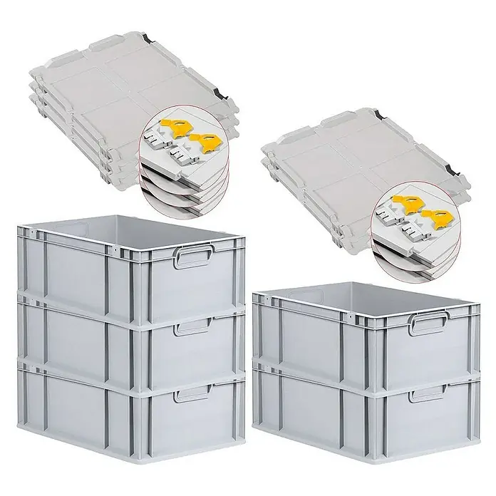 Proregal Euroboxen-Set 5x Eurobox NextGen Grip mit Scharnierdeckel und gelben Verschlüssen - L x B x H: 60 x 40 x 22 cm, Kunststoff, Grau, 5 Stk. - Graue Kunststoffboxen und Deckel zum Stapeln und Aufbewahren. Ideal für Lagerung und Transport mit praktischen Griffen und Verschlüssen.
