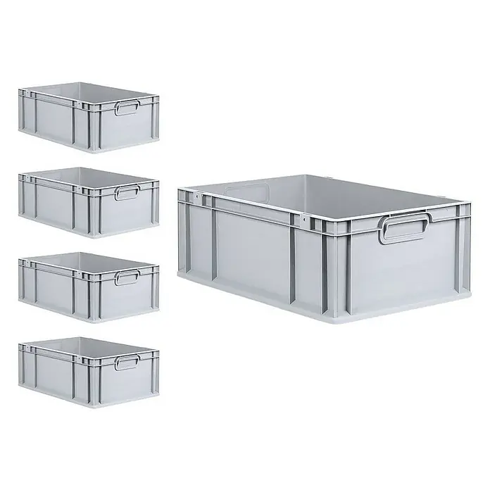 Proregal Euroboxen-Set 5x Eurobox NextGen Grip mit Scharnierdeckel und gelben Verschlüssen - L x B x H: 60 x 40 x 22 cm, Kunststoff, Grau, 5 Stk. - Abbildung von fünf grauen Kunststoffbehältern, die ideal für Lagerung und Transport geeignet sind. Robuste Boxen für Ordnung und Übersicht.