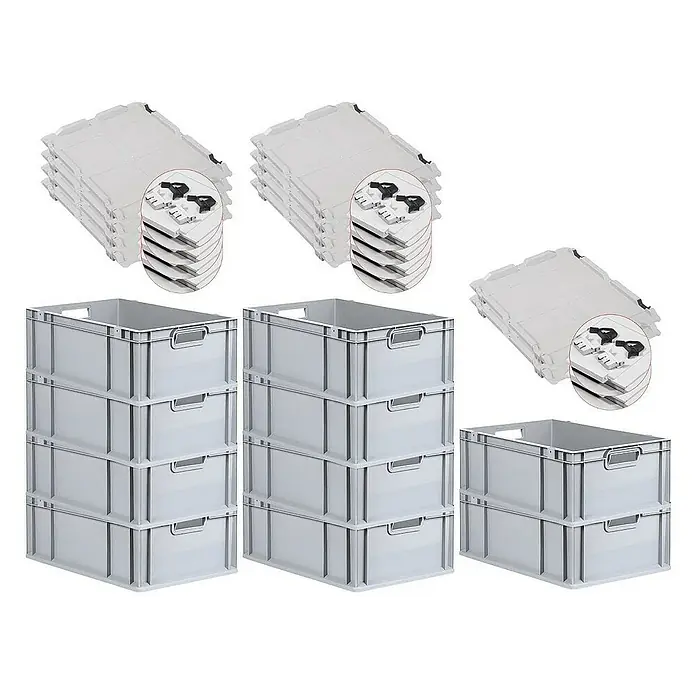 Proregal Euroboxen-Set 10x Eurobox NextGen Grip mit Scharnierdeckel und schwarzen Verschlüssen - L x B x H: 60 x 40 x 22 cm, Kunststoff, Grau, 10 Stk. - Stapelbare graue Kunststoffboxen mit zugehörigen Deckeln. Ideal für Lagerung und Ordnung.