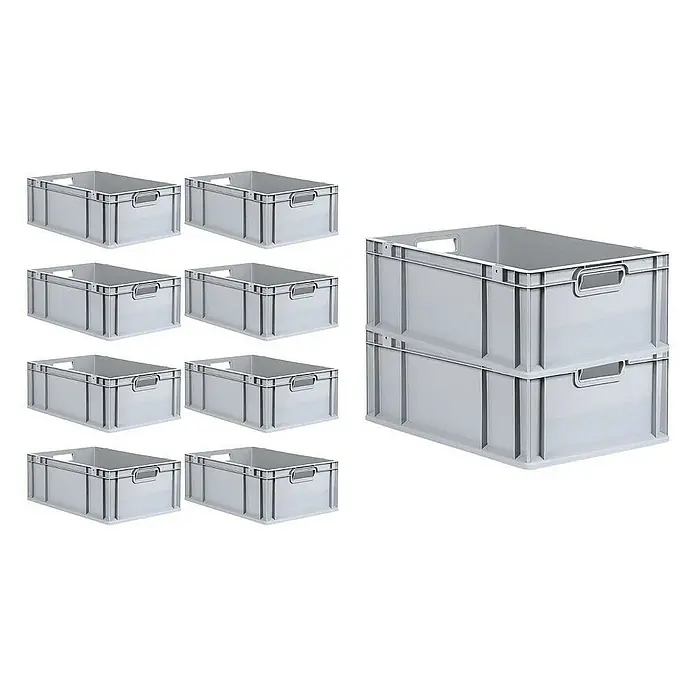 Proregal Euroboxen-Set 10x Eurobox NextGen Grip mit Scharnierdeckel und schwarzen Verschlüssen - L x B x H: 60 x 40 x 22 cm, Kunststoff, Grau, 10 Stk. - Graue Kunststoffbehälter: Zehn Einzelbehälter und ein Stapel mit zwei Behältern. Robuste und praktische Aufbewahrungslösung.