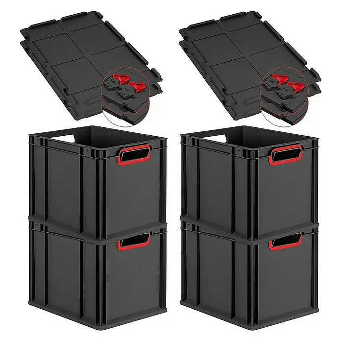 Proregal Euroboxen-Set 4x Eurobox NextGen Color mit Scharnierdeckel und Verschlüssen - L x B x H: 40 x 30 x 32 cm, Kunststoff, Schwarz, Rot, 4 Stk. - Abgebildet sind vier schwarze Lagerboxen mit roten Griffen und zwei passende Deckel, ideal für Lagerung und Transport.