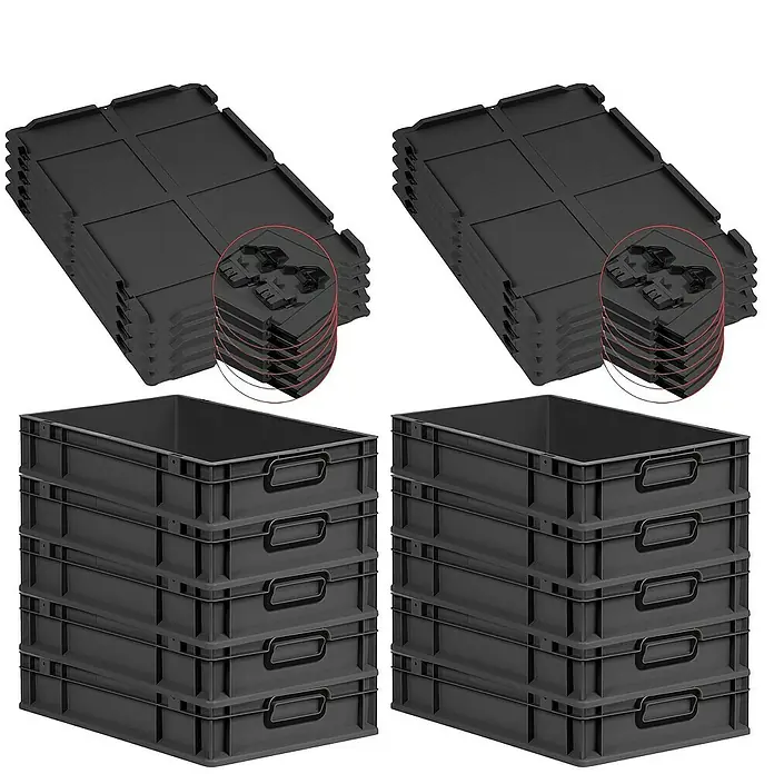Proregal Euroboxen-Set 10x Eurobox NextGen Color mit Scharnierdeckel und Verschlüssen - L x B x H: 60 x 40 x 12 cm, Kunststoff, Schwarz, Schwarz, 10 Stk. - Stapelbare schwarze Kunststoffboxen und zugehörige Deckel für Lagerung und Organisation.