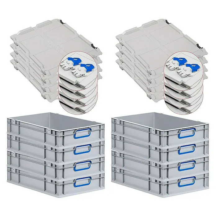 Proregal Euroboxen-Set 8x Eurobox NextGen Color mit Scharnierdeckel und Verschlüssen - L x B x H: 60 x 40 x 12 cm, Kunststoff, Grau, Blau, 8 Stk. - Set aus grauen Lagerboxen mit blauen Griffen und passenden Deckeln, ideal für Organisation und Aufbewahrung.\n