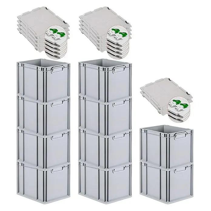 Proregal Euroboxen-Set 10x Eurobox NextGen Economy mit Scharnierdeckel und grünen Verschlüssen - Kunststoff, Grau, 10 Stk. - Graue Euroboxen mit Deckeln in verschiedenen Stapeln, ideal für Lagerung & Transport. Robuste Kunststoffbehälter für Ordnung.