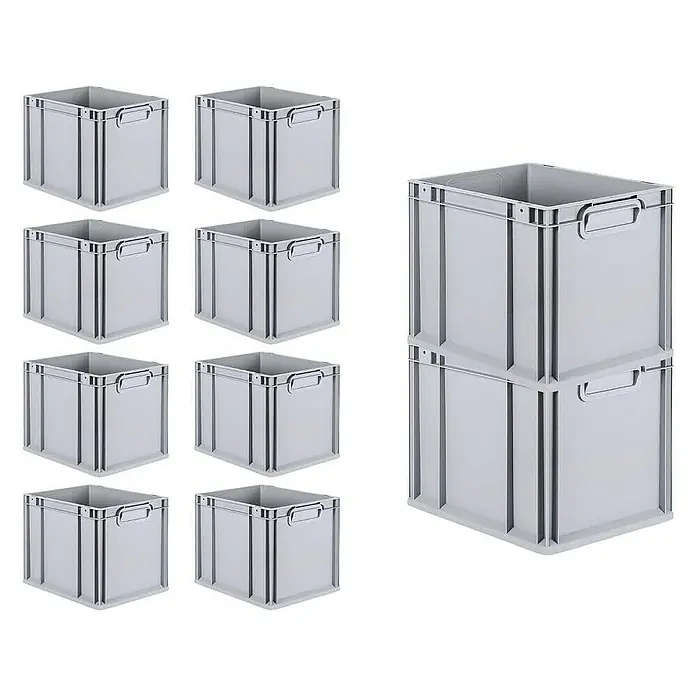 Proregal Euroboxen-Set 10x Eurobox NextGen Economy mit Scharnierdeckel und grünen Verschlüssen - Kunststoff, Grau, 10 Stk. - 9 graue Lagerboxen aus Kunststoff, davon 2 gestapelt, ideal für die Organisation und Aufbewahrung von Gegenständen im Haushalt.