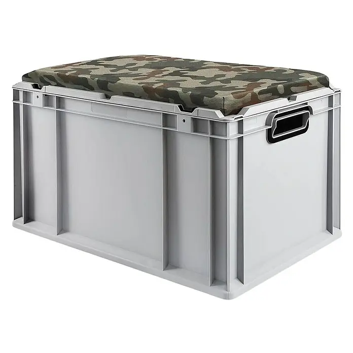 Proregal Euroboxen-Set 2x Eurobox NextGen Seat Box Camouflage - L x B x H: 60 x 40 x 36,5 cm, Kunststoff, Grau, Camouflage, 2 Stk. - Grauer Kunststoffbehälter mit Tarnmusterkissen für zusätzlichen Komfort, ideal für Organisation und als Sitzgelegenheit.