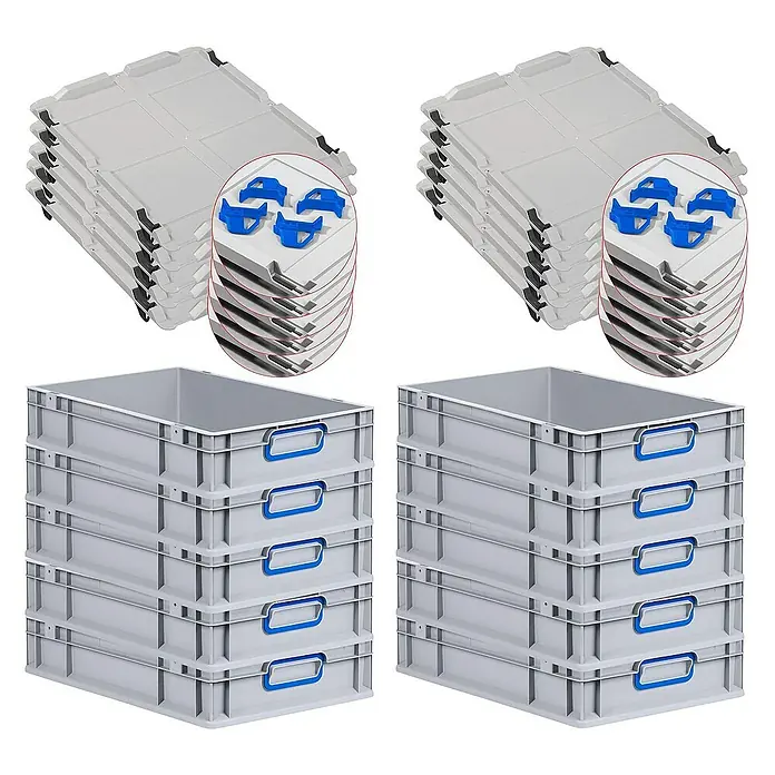 Proregal Euroboxen-Set 10x Eurobox NextGen Color mit Auflagedeckel und Schiebeschnappverschlüsse - L x B x H: 60 x 40 x 12 cm, Kunststoff, Grau, Blau, 10 Stk. - Das Bild zeigt zwei Stapel grauer Kunststoffboxen und zwei Stapel passender Deckel mit blauen Verschlüssen. Praktisches Aufbewahrungssystem.