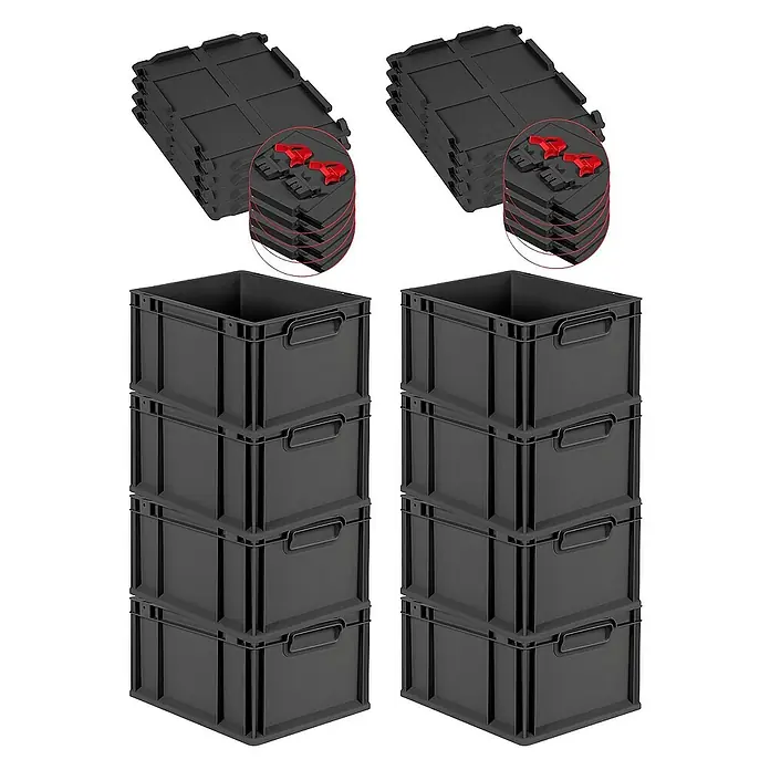 Proregal Euroboxen-Set 8x Eurobox NextGen Grip mit Scharnierdeckel und roten Verschlüssen - L x B x H: 40 x 30 x 22 cm, Kunststoff, Schwarz, 8 Stk. - Abbildung von schwarzen Kunststoffboxen und Deckeln. Ein praktisches Aufbewahrungssystem für Ordnung und Organisation im Alltag.