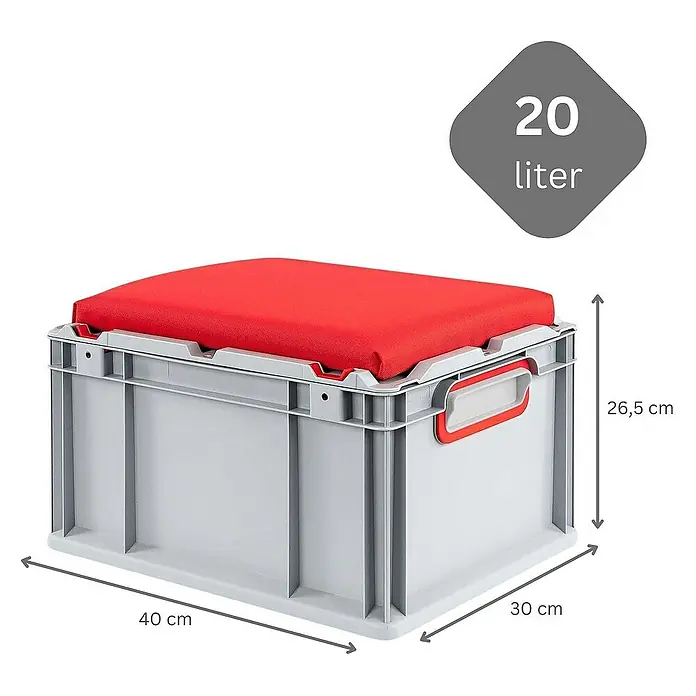 Proregal Euroboxen-Set 6x Eurobox NextGen Seat Box Rot - L x B x H: 40 x 30 x 26,5 cm, Kunststoff, Grau, Rot, 6 Stk. - Abbildung einer grauen 20-Liter-Kunststoffbox mit rotem Kissen und Maßangaben.