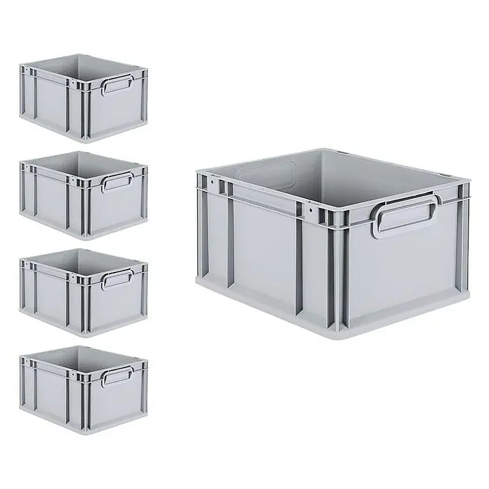 Proregal Euroboxen-Set 5x Eurobox NextGen Economy mit Scharnierdeckel und grünen Verschlüssen - L x B x H: 40 x 30 x 22 cm, Kunststoff, Grau, 5 Stk. - Eine Auswahl an grauen Kunststoffboxen, ideal für Lagerung und Organisation in verschiedenen Umgebungen.