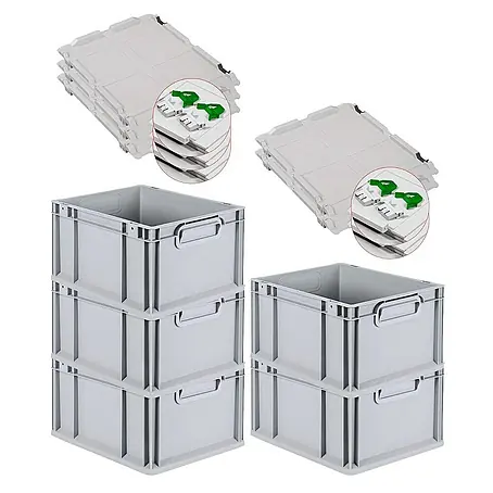 Proregal  Euroboxen-Set 5x Eurobox NextGen Economy mit Scharnierdeckel und grünen Verschlüssen