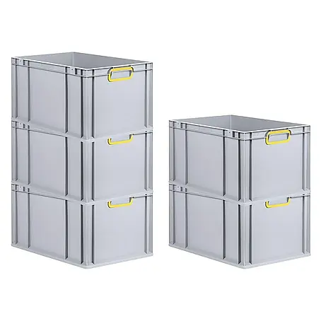 SparSet 5x Eurobox NextGen Color | HxBxT 32x40x60cm | 65 Liter | Griffe gelb geschlossen | Verstärkter Boden | Grau | Eurobehälter, Transportbox, Transportbehälter, Stapelbehälter