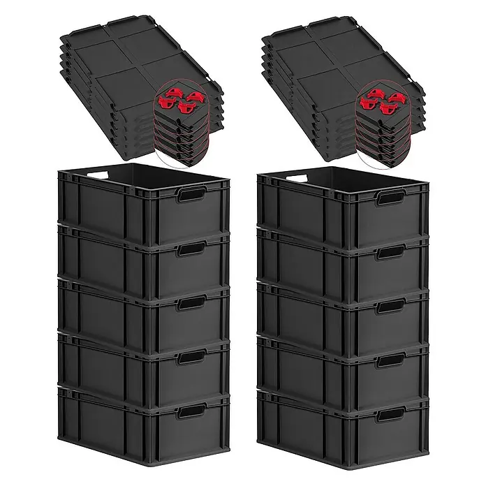 Proregal Euroboxen-Set 10x Eurobox NextGen Grip mit Auflagedeckel inkl. 4 roten Verschlüssen - L x B x H: 60 x 40 x 22 cm, Kunststoff, Schwarz, 10 Stk. - Zwei Stapel schwarzer Aufbewahrungskisten und Deckel mit roten Eckverbindern, ideal für Organisation und Lagerung.