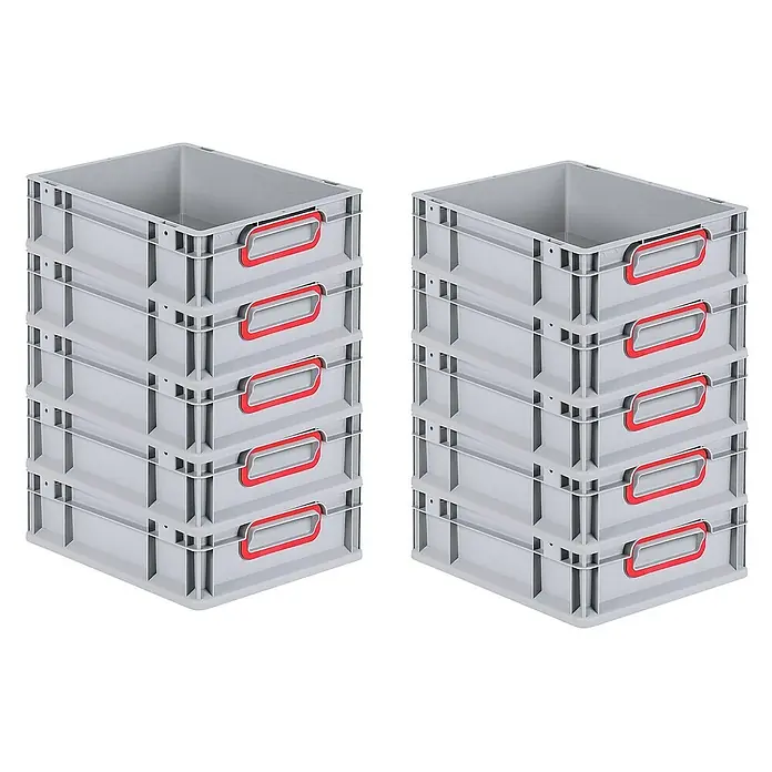 Proregal Euroboxen-Set 10x Eurobox NextGen Color - L x B x H: 40 x 30 x 12 cm, Kunststoff, Grau, Rot, 10 Stk. - Bild von zwei Stapeln grauer Kunststoffbehälter mit roten Griffen, die sich ideal für Lagerung und Organisation eignen.