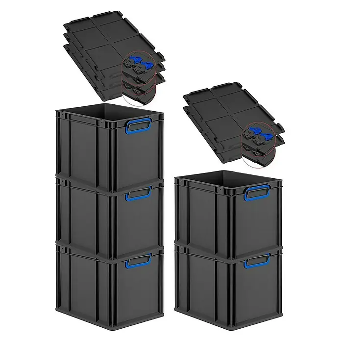 Proregal Euroboxen-Set 5x Eurobox NextGen Color mit Scharnierdeckel und Verschlüssen - Kunststoff, Schwarz, Blau, 5 Stk. - Bild von schwarzen Kunststoffboxen mit blauen Griffen und dazugehörigen Deckeln.