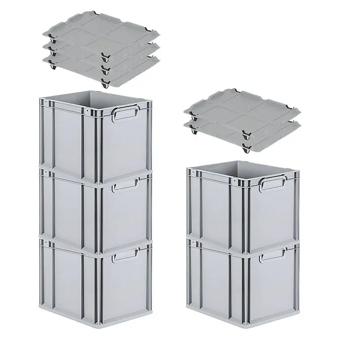 Proregal Euroboxen-Set 5x Eurobox NextGen Economy mit Auflagedeckel und 4x Verschlüsse Schwarz - Kunststoff, Grau, 5 Stk. - Graue Kunststoffboxen mit Deckeln. Die Boxen sind stapelbar und haben Griffe zum einfachen Tragen. Ideal für Lagerung und Transport.