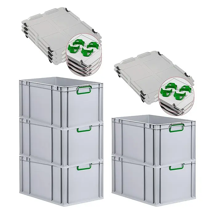 Proregal Euroboxen-Set 5x Eurobox NextGen Color mit Auflagedeckel und Schiebeschnappverschlüsse - L x B x H: 60 x 40 x 32 cm, Kunststoff, Grau, Grün, 5 Stk. - Stapelbare Kunststoffboxen mit Deckeln und Griffen. Robuste und praktische Lagerlösung für diverse Anwendungen.