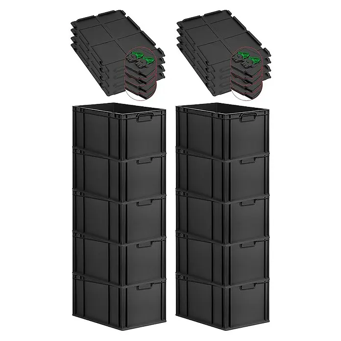 SuperSparSet 10x Eurobox NextGen Grip mit Scharnierdeckel und grünen Schiebeschnappverschlüssen | HxBxT 32x40x60cm | 65 Liter | Schwarz | Griffe geschlossen | Verstärkter Boden | Eurobehälter, Transportbox, Transportbehälter, Stapelbehälter -  - Abgebildete sind zwei Stapelboxen mit Deckeln, ideal für Ordnung und Lagerung. Das modulare Design ermöglicht eine flexible Nutzung in verschiedenen Umgebungen.