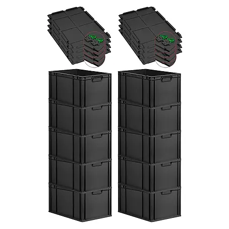 SuperSparSet 10x Eurobox NextGen Grip mit Scharnierdeckel und grünen Schiebeschnappverschlüssen | HxBxT 32x40x60cm | 65 Liter | Schwarz | Griffe geschlossen | Verstärkter Boden | Eurobehälter, Transportbox, Transportbehälter, Stapelbehälter