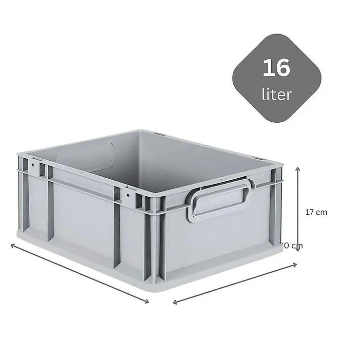 Proregal Euroboxen-Set 10x Eurobox NextGen Economy mit Auflagedeckel und 4x Verschlüsse Rot - L x B x H: 40 x 30 x 17 cm, Kunststoff, Grau, 10 Stk. - Graue 16 Liter Lagerbox mit Griffen und Maßangaben. Ideal zur Aufbewahrung und Organisation im Lager oder Büro.