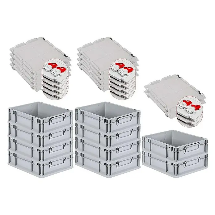 Proregal Euroboxen-Set 10x Eurobox NextGen Economy mit Scharnierdeckel und roten Verschlüssen - L x B x H: 40 x 30 x 12 cm, Kunststoff, Grau, 10 Stk. - Abbildung eines Stapels grauer Kunststoffbehälter und -deckel, ideal für Lagerung und Organisation. Perfekt für Industrie, Gewerbe oder den Heimgebrauch.