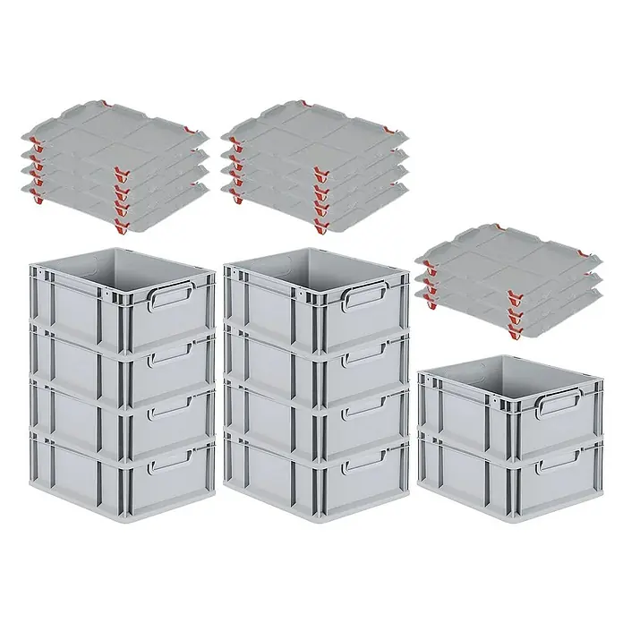 Proregal Euroboxen-Set 10x Eurobox NextGen Economy mit Auflagedeckel und 4x Verschlüsse Rot - L x B x H: 40 x 30 x 17 cm, Kunststoff, Grau, 10 Stk. - Das Bild zeigt graue Lagerkisten aus Kunststoff mit Deckeln. Es sind drei Stapel Boxen und drei Stapel dazugehörige Deckel zu sehen.