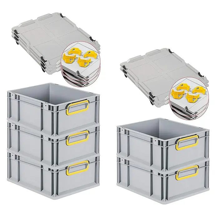Proregal Euroboxen-Set 5x Eurobox NextGen Color mit Auflagedeckel und Schiebeschnappverschlüsse - L x B x H: 40 x 30 x 17 cm, Kunststoff, Grau, Gelb, 5 Stk. - Graue Euroboxen mit gelben Griffen und zugehörige Deckel mit Verriegelungsklammern für den Transport und die Lagerung von Waren.