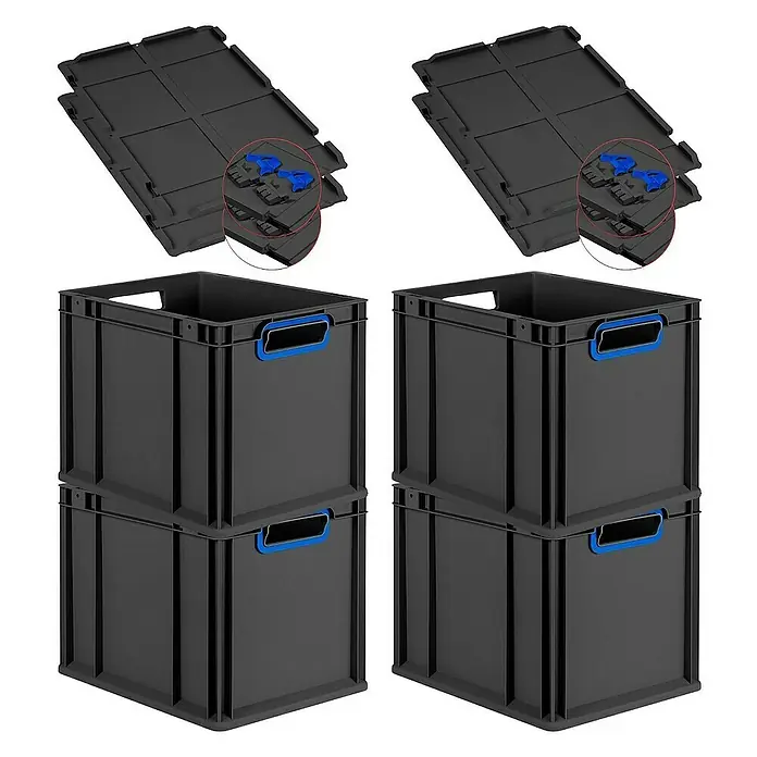 Proregal Euroboxen-Set 4x Eurobox NextGen Color mit Scharnierdeckel und Verschlüssen - L x B x H: 40 x 30 x 32 cm, Kunststoff, Schwarz, Blau, 4 Stk. - Bild von vier stapelbaren, grauen Aufbewahrungsboxen mit blauen Griffen und zwei dazugehörigen grauen Deckeln, die für Ordnung sorgen.