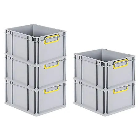 SparSet 5x Eurobox NextGen Color | HxBxT 22x30x40cm | 20 Liter | Griffe gelb geschlossen | Glatter Boden | Grau | Eurobehälter, Transportbox, Transportbehälter, Stapelbehälter