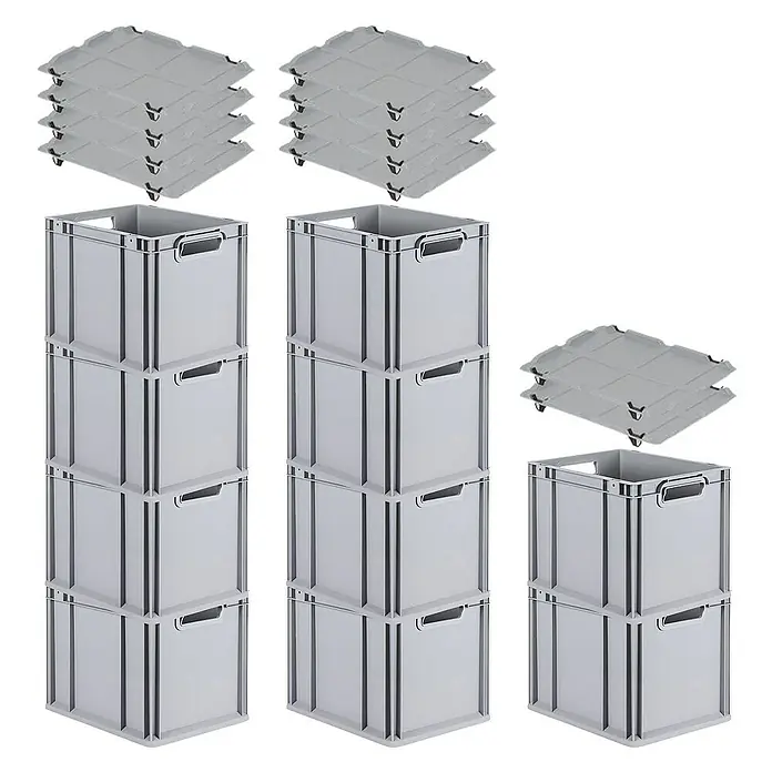 Proregal Euroboxen-Set 10x Eurobox NextGen Economy mit Auflagedeckel und 4x Verschlüsse Schwarz - Kunststoff, Grau, 10 Stk. - Bild von drei Stapeln grauer Kunststoffboxen mit Deckeln. Die Boxen sind für Lagerung und Organisation geeignet.