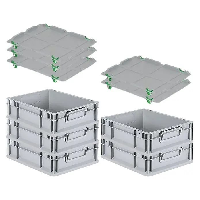 Proregal Euroboxen-Set 5x Eurobox NextGen Economy mit Auflagedeckel und 4x Verschlüsse Grün - L x B x H: 40 x 30 x 12 cm, Kunststoff, Grau, 5 Stk. - Graue Kunststoffbehälter und Deckel: Stapelbare Aufbewahrungslösung für Ordnung und effiziente Lagerung.