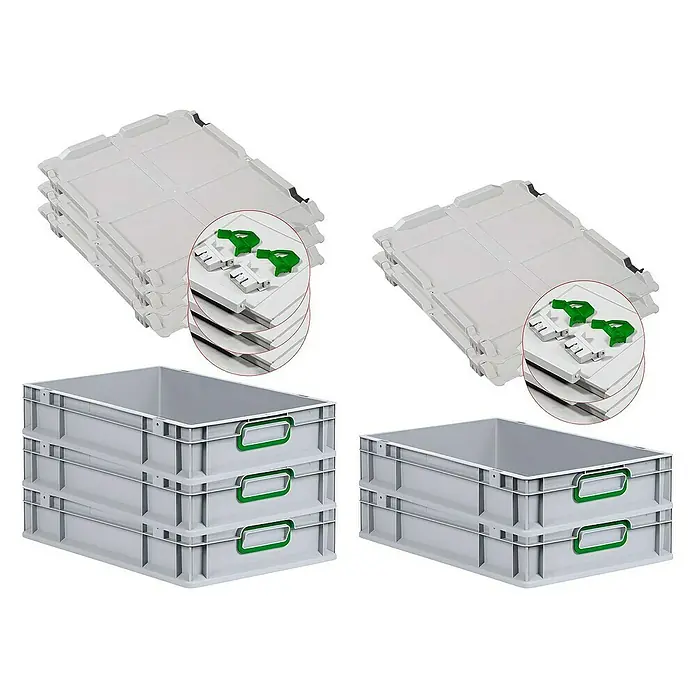 Proregal Euroboxen-Set 5x Eurobox NextGen Color mit Scharnierdeckel und Verschlüssen - L x B x H: 60 x 40 x 12 cm, Kunststoff, Grau, Grün, 5 Stk. - Graue Eurobehälter und zugehörige Deckel im Stapel, ideal für Lagerung und Transport mit praktischen grünen Griffen und Verschlussmechanismen.