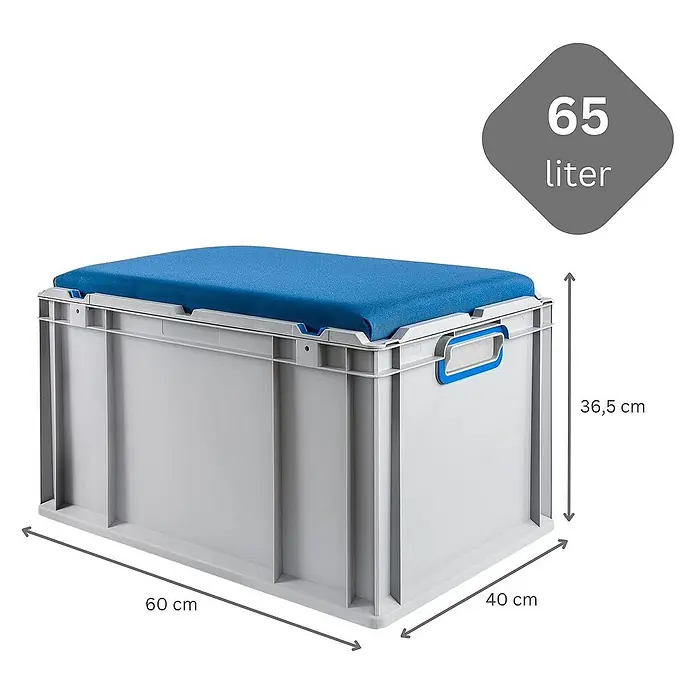 Proregal Euroboxen-Set 2x Eurobox NextGen Seat Box Blau - Kunststoff, Grau, Blau, 2 Stk. - Graue Aufbewahrungsbox mit blauem Sitzkissen, gekennzeichnet mit den Maßen 60x40x36,5 cm und einem Fassungsvermögen von 65 Litern.