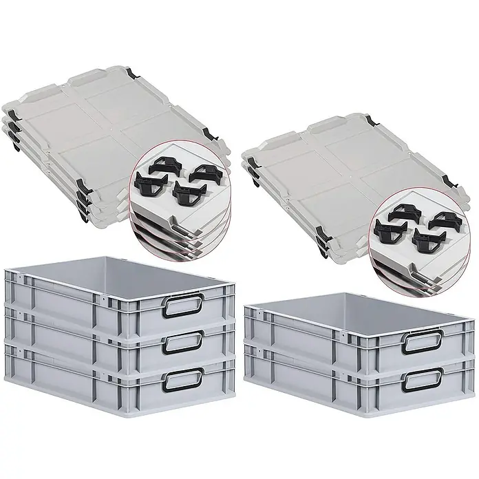 Proregal Euroboxen-Set 5x Eurobox NextGen Color mit Auflagedeckel und Schiebeschnappverschlüsse - L x B x H: 60 x 40 x 12 cm, Kunststoff, Grau, Schwarz, 5 Stk. - Graue Kunststoffbehälter mit Deckeln und Griffen für die Lagerung und Organisation von Gegenständen.