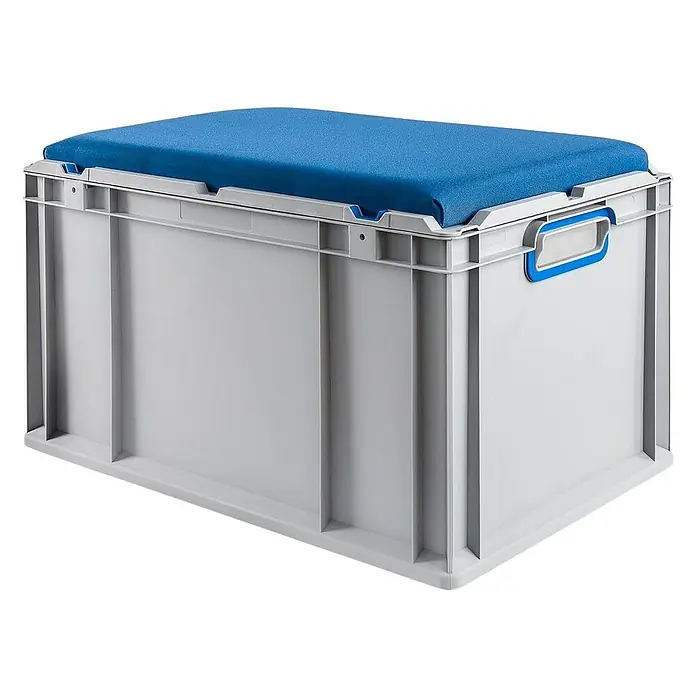 Proregal Euroboxen-Set 2x Eurobox NextGen Seat Box Blau - Kunststoff, Grau, Blau, 2 Stk. - Eine graue Aufbewahrungsbox mit blauem gepolstertem Deckel, ideal für die Lagerung und als Sitzgelegenheit.