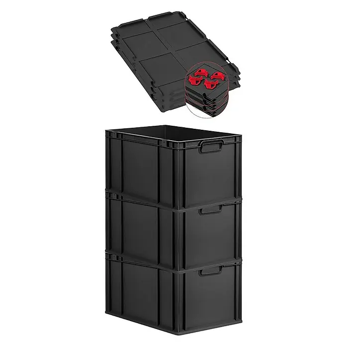 Proregal Euroboxen-Set 3x Eurobox NextGen Grip mit Auflagedeckel inkl. 4 roten Verschlüssen - L x B x H: 60 x 40 x 32 cm, Kunststoff, Schwarz, 3 Stk. - Bild von drei übereinander gestapelten schwarzen Eurobehältern mit dazugehörigen Deckeln und roten Stapelhilfen.