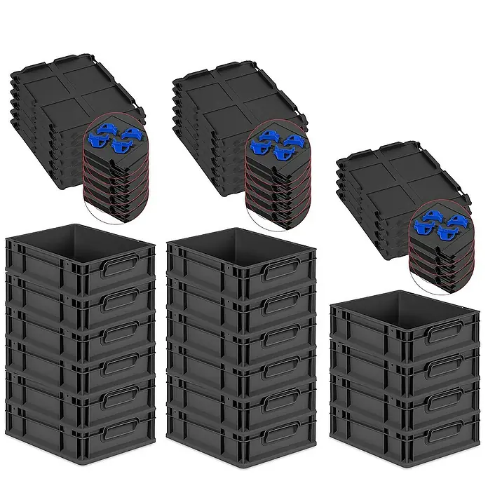 Proregal Euroboxen-Set 16x Eurobox NextGen Grip mit Auflagedeckel inkl. 4 blauen Verschlüssen - L x B x H: 40 x 30 x 12 cm, Kunststoff, Schwarz, 16 Stk. - Stapelbare schwarze Kunststoffboxen und passende Deckel mit blauen Clipverschlüssen für sichere Aufbewahrung.