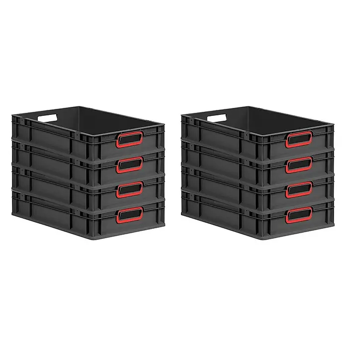 Proregal Euroboxen-Set 8x Eurobox NextGen Color - L x B x H: 60 x 40 x 12 cm, Kunststoff, Schwarz, Rot, 8 Stk. - Zwei Stapel grauer Aufbewahrungsboxen mit roten Griffen, ordentlich gestapelt und bereit für die Organisation.